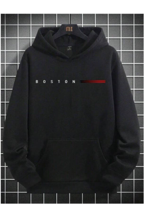 Erkek BOSTON Baskılı Oversize Kapüşonlu Sweatshirt - 2