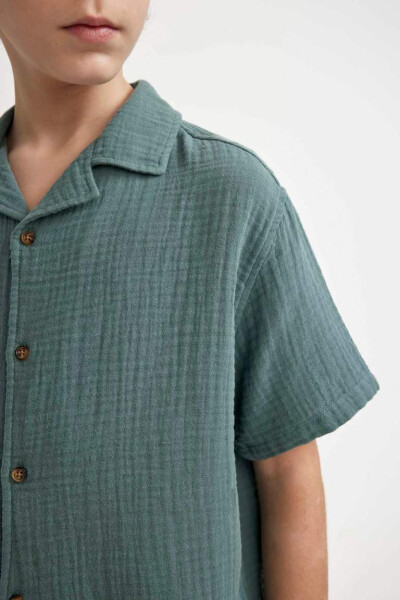 Erkek Çocuk Oversize Fit Polo Yaka Waffle Kısa Kollu Gömlek Yeşil - 7