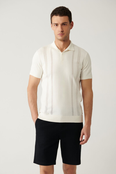 Erkek Ekru 3 Düğmeli Polo Yaka Triko T-shirt, Ajur Detaylı, Regular Fit (A41y5096) - 1