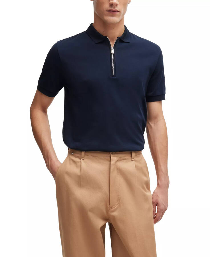 Erkek Fermuarlı Yaka Slim Fit Polo Tişörtü Koyu Mavi - 1