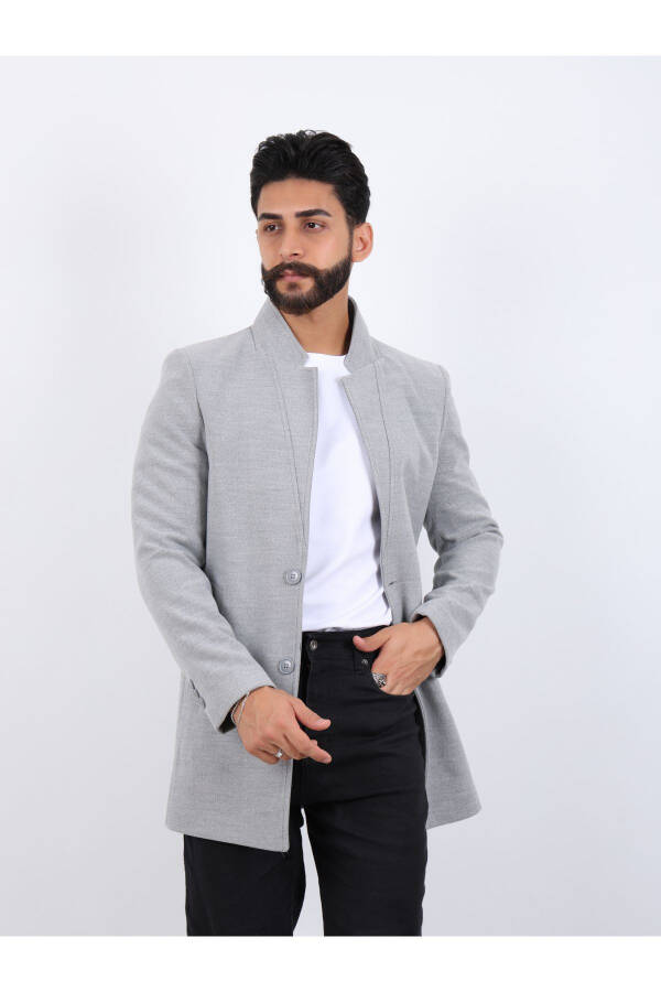 Erkek gri slim fit dikey yaka kaşe kaban - 1