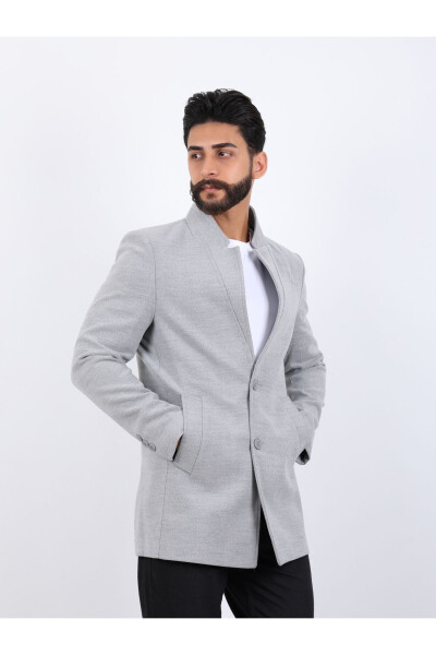 Erkek gri slim fit dikey yaka kaşe kaban - 2