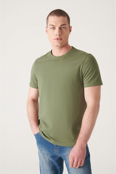 Erkek Haki T-shirt %100 Pamuk Nefes Alan Bisiklet Yaka Regular Fit E001000 - 5