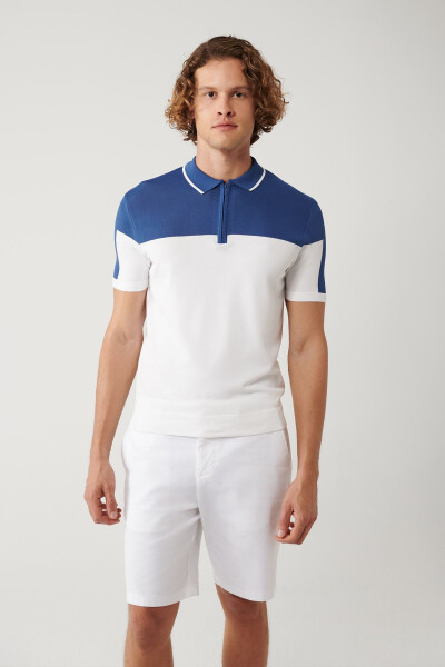 Erkek Indigo Fermuarlı Polo Yaka Triko T-shirt - 4