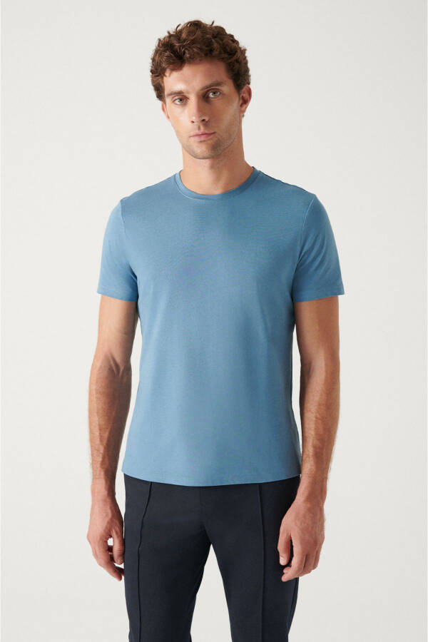 Erkek Indigo T-shirt %100 Pamuk Nefes Alan Bisiklet Yaka Regular Fit E001000 - 7