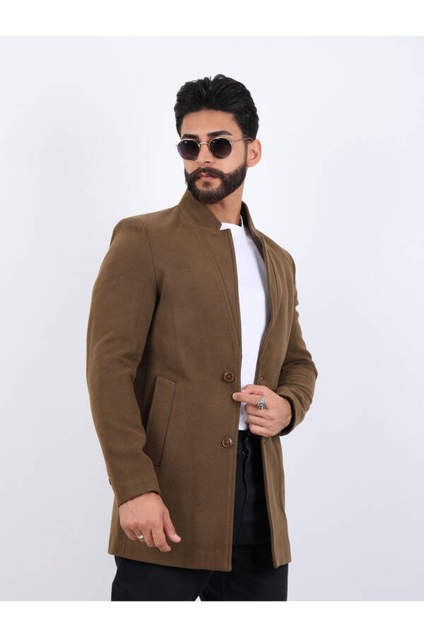 Erkek Kahverengi Slim Fit Dik Yaka Kaşe Kaban - 1