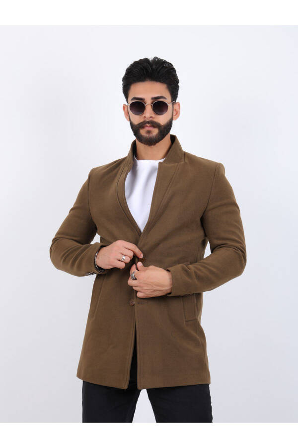 Erkek Kahverengi Slim Fit Dik Yaka Kaşe Kaban - 2