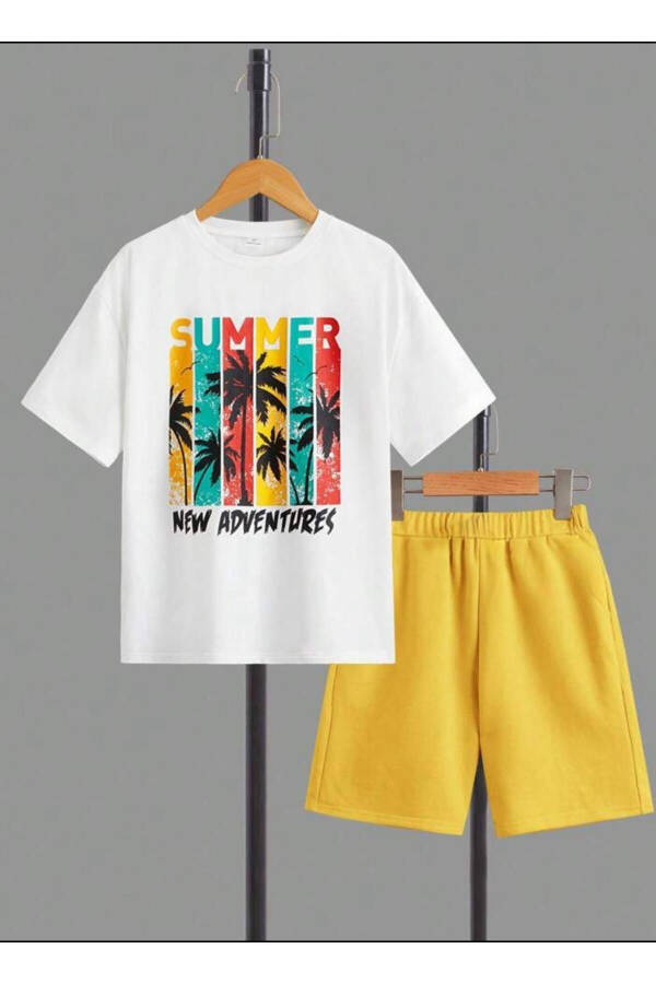 Erkek-Kız Çocuk Beyaz Summer Adventures Baskılı Tshirt-şort Takım - 1