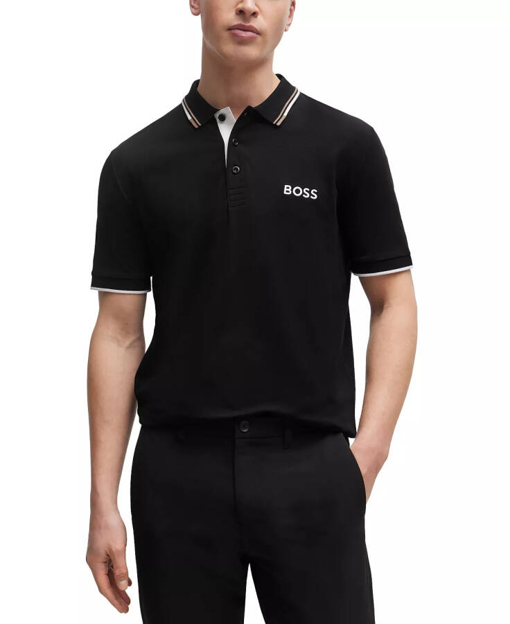 Erkek Kontrast Logo Polo Tişört Siyah - 1