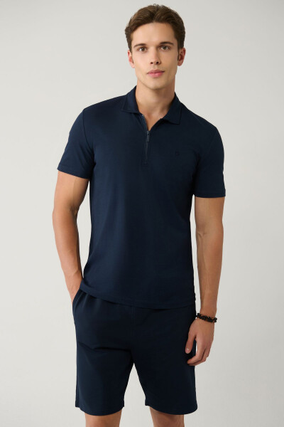 Erkek Lacivert Polo Yaka T-shirt %100 Pamuk Fermuarlı Regular Fit E001034 - 3