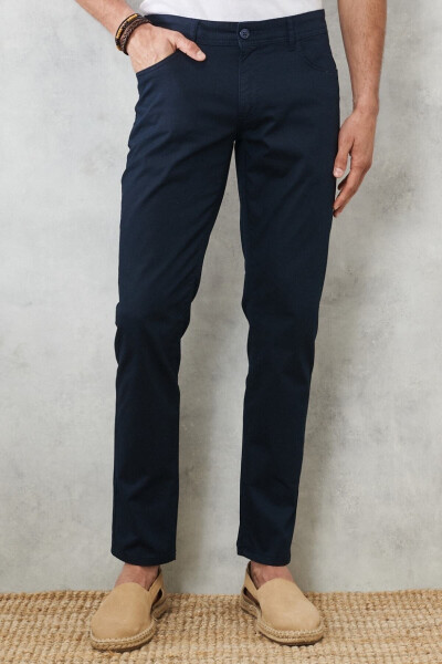 Erkek Lacivert Slim Fit Dar Kesim 5 Cep Esnek Chino Pantolon - 1