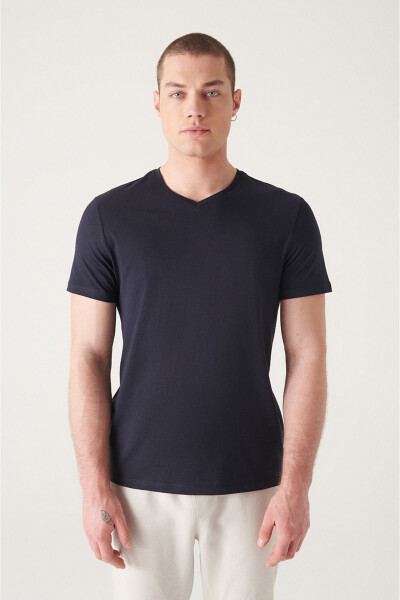 Erkek Lacivert T-shirt %100 Pamuk V Yaka Regular Fit E001001 - 9