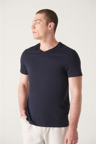 Erkek Lacivert T-shirt %100 Pamuk V Yaka Regular Fit E001001 - 14