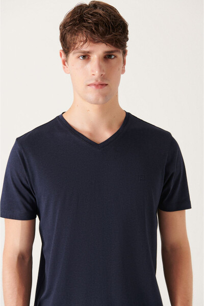 Erkek Lacivert Ultrasoft V Yaka Modal Slim Fit Dar Kesim T-shirt E001173 - 7