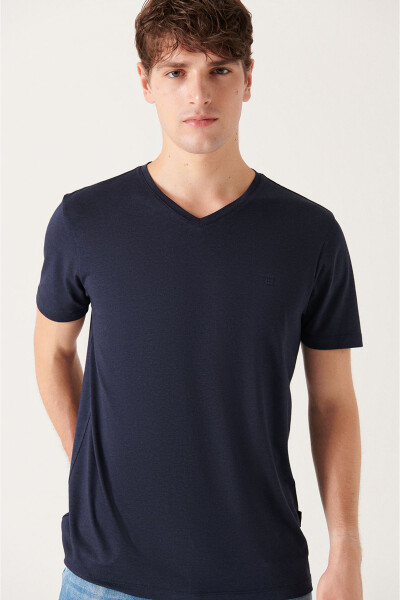 Erkek Lacivert Ultrasoft V Yaka Modal Slim Fit Dar Kesim T-shirt E001173 - 8