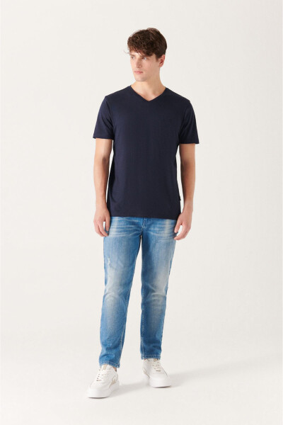 Erkek Lacivert Ultrasoft V Yaka Modal Slim Fit Dar Kesim T-shirt E001173 - 10