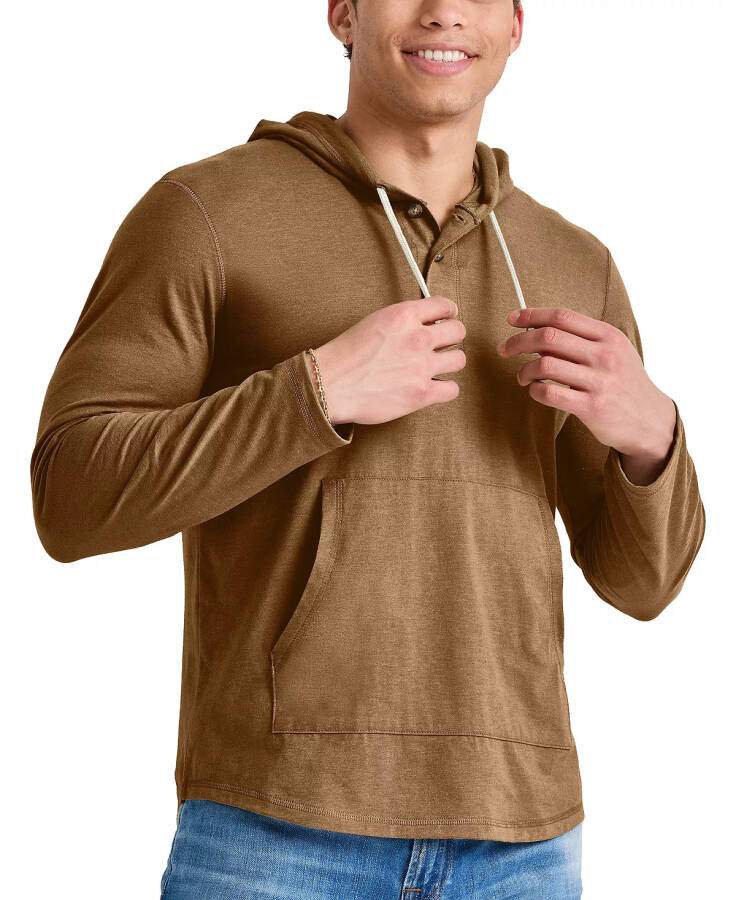 Erkek Orijinal Pamuklu Henley Kapüşonlu Sweatshirt Acı Kahverengi - 1