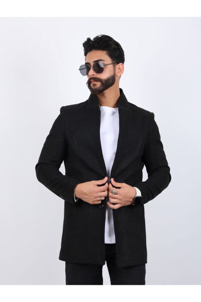 Erkek Siyah Slim Fit Dik Yaka Kaşe Kaban - 1