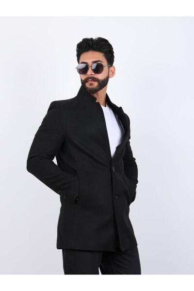 Erkek Siyah Slim Fit Dik Yaka Kaşe Kaban - 2