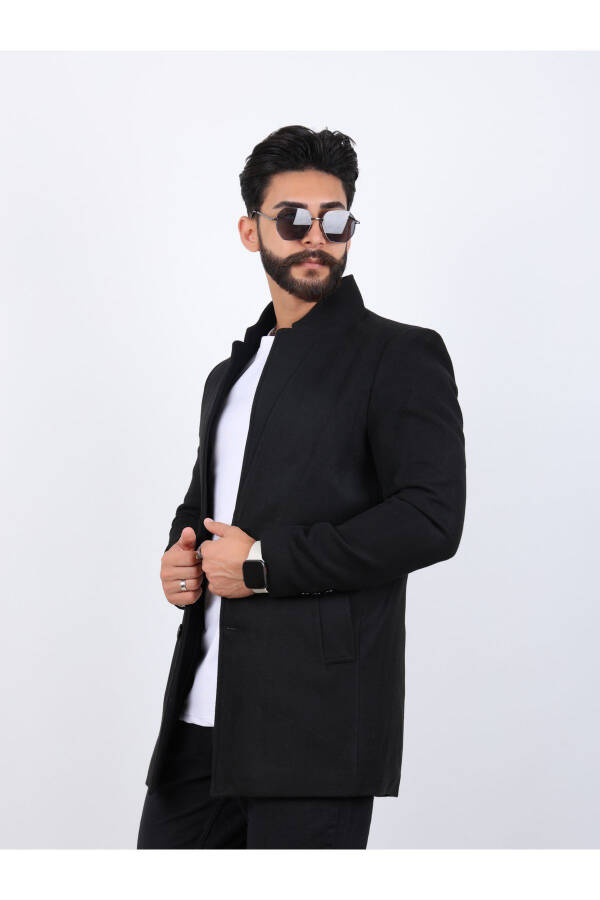 Erkek Siyah Slim Fit Dik Yaka Kaşe Kaban - 4