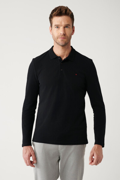 Erkek Siyah Sweatshirt, 3 düğmeli polo yaka, %100 pamuk, basic regular fit. E001003 - 3