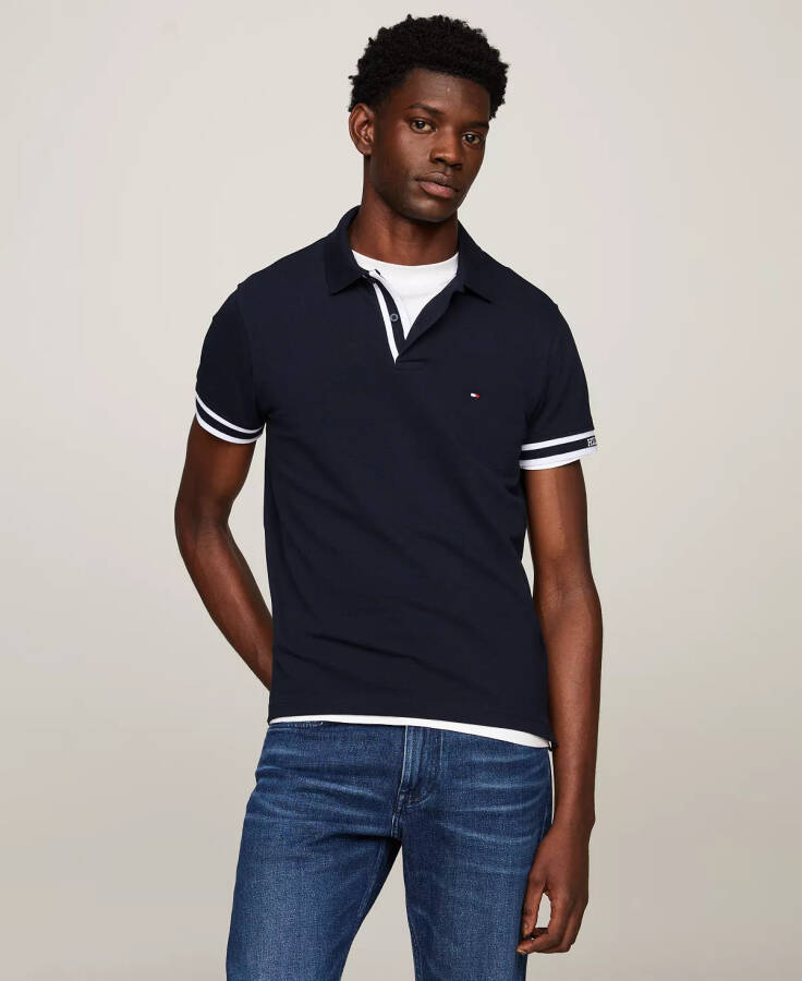 Erkek Slim Fit Tek Renk Manşet Kısa Kollu Polo Tişört Çöl Gök - 1