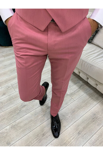 Erkek Smokin Damatlık Kadife Kırlangıç Yaka İtalyan Kesim Slim Fit Ceket Yelek Pantolon Papyon - Pembe - 6