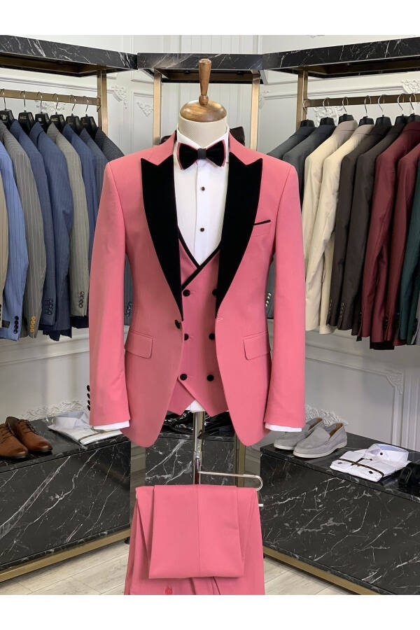 Erkek Smokin Damatlık Kırlangıç Kadife Yaka İtalyan Stil Slim Fit Ceket Yelek Pantolon Papyon - Pembe - 6