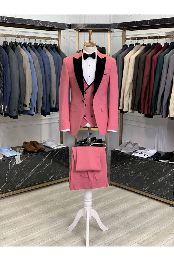 Erkek Smokin Damatlık Kırlangıç Kadife Yaka İtalyan Stil Slim Fit Ceket Yelek Pantolon Papyon - Pembe - 7