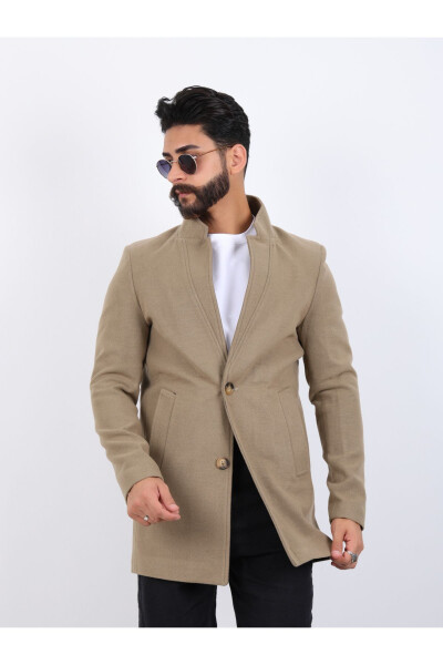 Erkek Vizon Slim Fit Dik Yaka Kaşe Kaban - 1