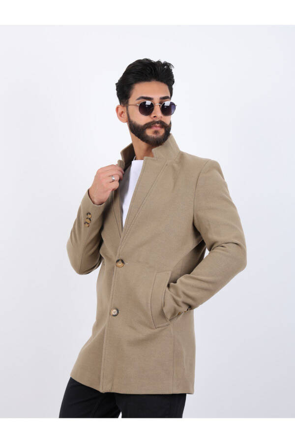 Erkek Vizon Slim Fit Dik Yaka Kaşe Kaban - 2