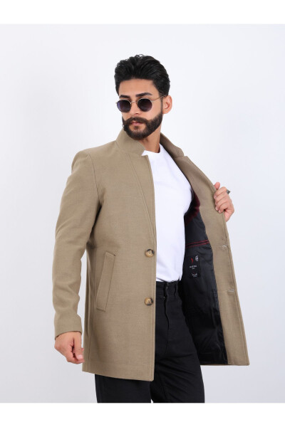 Erkek Vizon Slim Fit Dik Yaka Kaşe Kaban - 4