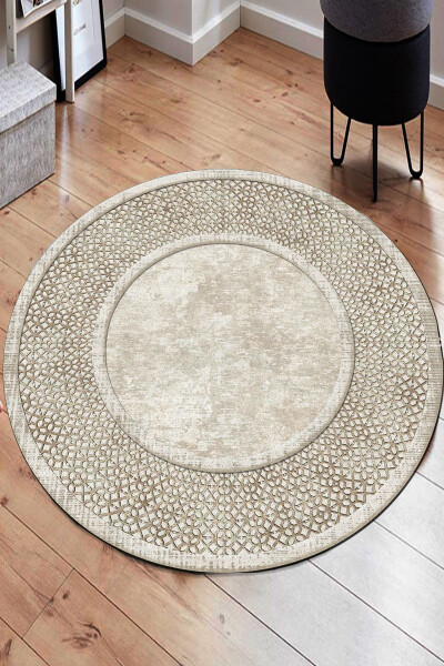 Ethnic Patterned Beige Round Rug Machine Washable Non-Slip Dot Base - Cp1147 - 1