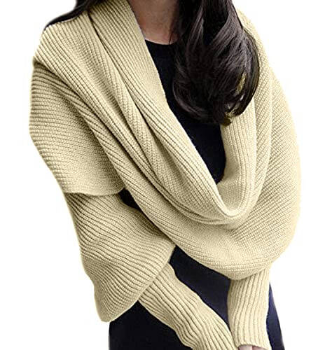 EUBUY Women Autumn Winter Scarf Wrap with Sleeve, Lady Fashion Solid Color Knitted Wrap Scarf Knitted Shawl Cape with Sleeve - 1