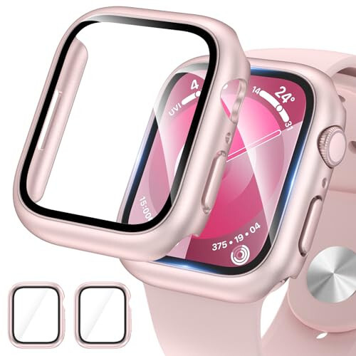 EWUONU 2 Pack Hard Case for Apple Watch Series 9 Series 8/7 41mm Screen Protector, Tempered Glass Bumper Anti-Scratch HD Ultra-Thin Protective Face Cover for iWatch Series 9/8/7 41mm, Original Pink - 1