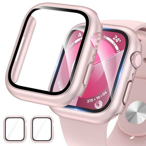 EWUONU 2 Pack Hard Case for Apple Watch Series 9 Series 8/7 41mm Screen Protector, Tempered Glass Bumper Anti-Scratch HD Ultra-Thin Protective Face Cover for iWatch Series 9/8/7 41mm, Original Pink - 1