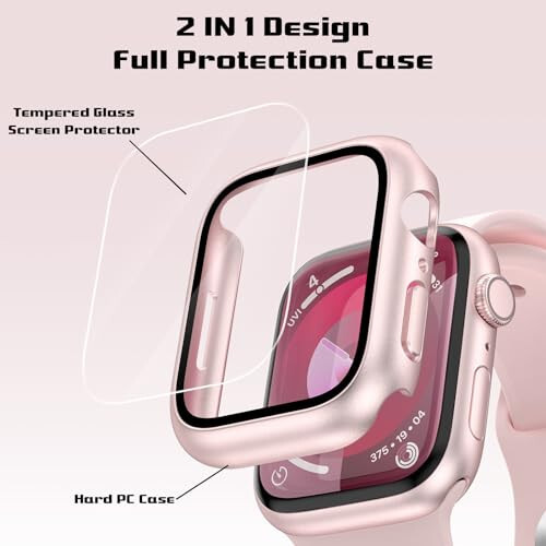 EWUONU 2 Pack Hard Case for Apple Watch Series 9 Series 8/7 41mm Screen Protector, Tempered Glass Bumper Anti-Scratch HD Ultra-Thin Protective Face Cover for iWatch Series 9/8/7 41mm, Original Pink - 2