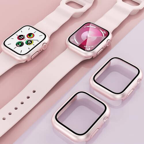 EWUONU 2 Pack Hard Case for Apple Watch Series 9 Series 8/7 41mm Screen Protector, Tempered Glass Bumper Anti-Scratch HD Ultra-Thin Protective Face Cover for iWatch Series 9/8/7 41mm, Original Pink - 7