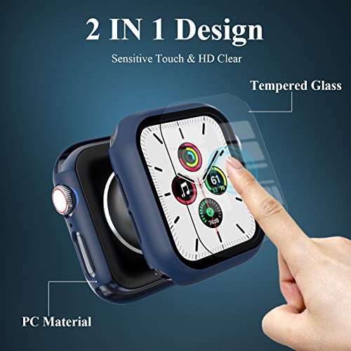 EWUONU 3 Pack Case Compatible with Apple Watch SE Series 6/5/4 44mm with Tempered Glass Screen Protector, Hard PC Full Coverage Ultra-Thin HD Bumper Protective Cover for iWatch 44mm,Black/Blue/Clear - 2