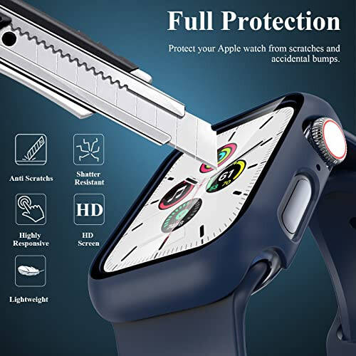 EWUONU 3'lü Kılıf Apple Watch SE Serisi 6/5/4 44mm ile Uyumlu Temperli Cam Ekran Koruyucu, Sert PC Tam Kaplama Ultra İnce HD Tampon Koruyucu Kılıf iWatch 44mm için, Siyah/Mavi/Şeffaf - 3