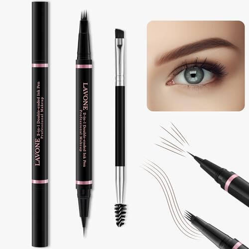 Eyebrow Pencil, 2-in-1 Waterproof Eyebrow Pen with 4 Tip Brow Pen and Ultra-Precise Brow Pencil, with Dual-ended Eyebrow Brush, Eyebrow Makeup for Natural Looking Eyebrows - Dark Brown - 1