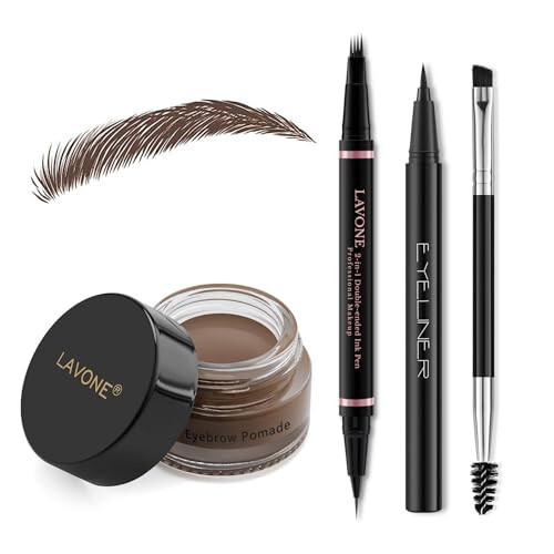 Eyebrow Pencil Makeup Kit, featuring Waterproof 2-IN-1 Microblading Eyebrow Pen, Eyebrow Pomade, Eyeliner and Dual-ended Eyebrow Brush. Brow Pencil Kit for Natural Eyebrows - Dark Brown - 1