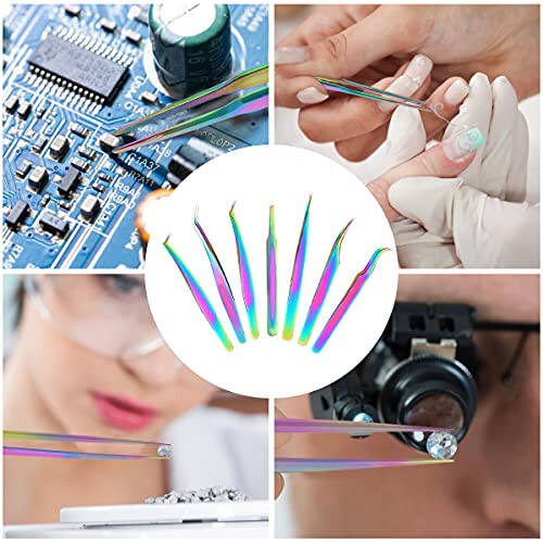 Eyelash Extension Tweezers Set, Fangze 7 Pcs Lash Kit Rainbow Stainless Steel Straight and Curved Tweezer for Nail Art Ingrown Hair Craft - 3