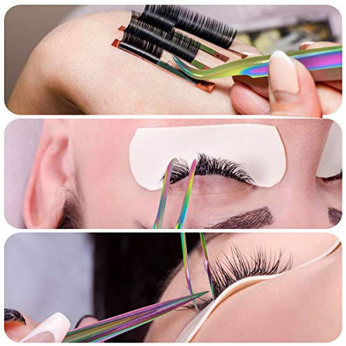 Eyelash Extension Tweezers Set, Fangze 7 Pcs Lash Kit Rainbow Stainless Steel Straight and Curved Tweezer for Nail Art Ingrown Hair Craft - 5