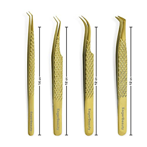 Eyelash Extension Tweezers Stainless Steel Straight Curved Volume Round Lash Tweezers Set for Eyelash Extension Professional Golden (Golder) - 2