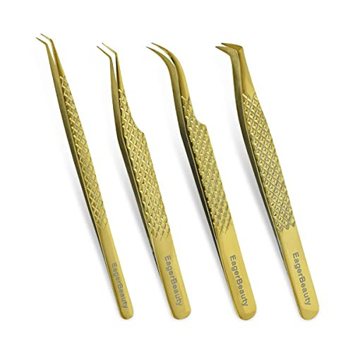 Eyelash Extension Tweezers Stainless Steel Straight Curved Volume Round Lash Tweezers Set for Eyelash Extension Professional Golden (Golder) - 3