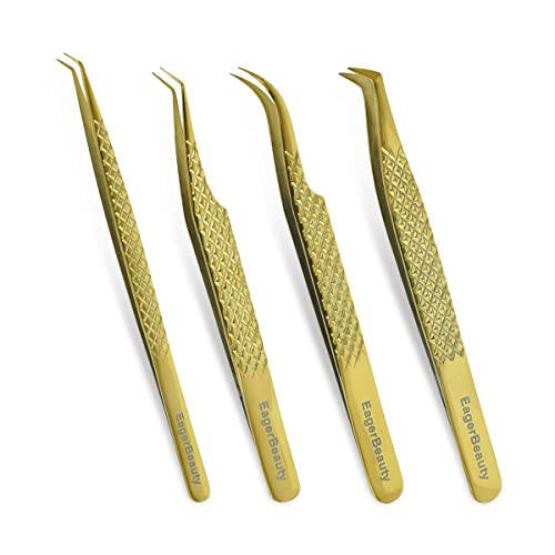 Eyelash Extension Tweezers Stainless Steel Straight Curved Volume Round Lash Tweezers Set for Eyelash Extension Professional Golden (Golder) - 3