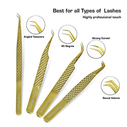 Eyelash Extension Tweezers Stainless Steel Straight Curved Volume Round Lash Tweezers Set for Eyelash Extension Professional Golden (Golder) - 4