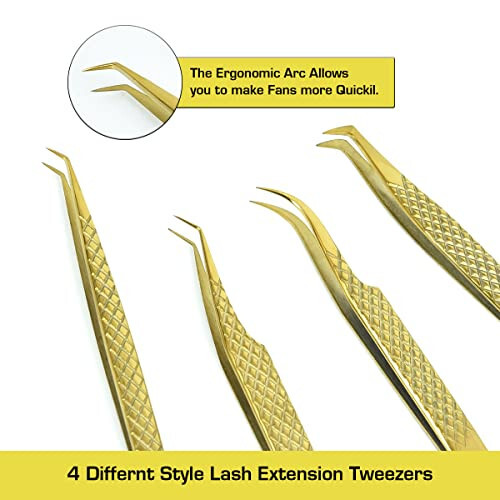 Eyelash Extension Tweezers Stainless Steel Straight Curved Volume Round Lash Tweezers Set for Eyelash Extension Professional Golden (Golder) - 5