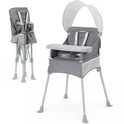 Ezebaby Baby Portable High Chair with Sun Canopy, Foldable High Chairs for Babies and Toddlers with Detachable Tray and 5-Point Harness, Travel High Chair for Indoor and Outdoor Use, Gray - 31